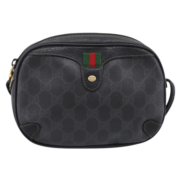 GUCCI GG Supreme Web Sherry Line Bag PVC Black Gold 156 02 066 Auth 205045