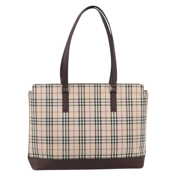 BURBERRY Nova Check Tote Bag Canvas Beige Silver Auth 205051