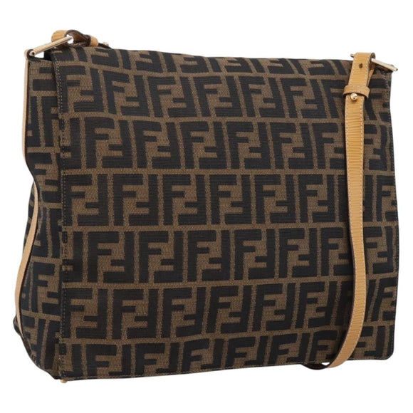 FENDI Zucca Canvas Shoulder Bag Brown Black Auth 205062
