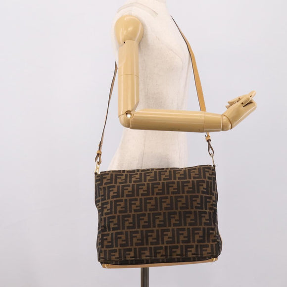FENDI Zucca Canvas Shoulder Bag Brown Black Auth 205062