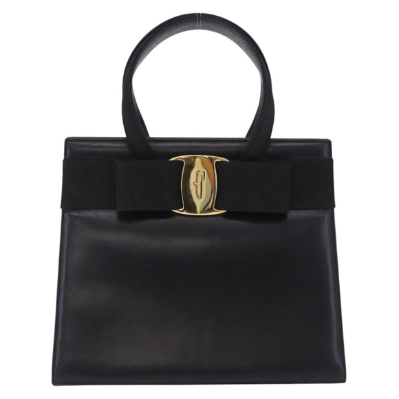 Salvatore Ferragamo Vala Hand Bag Leather Black Gold Auth 205098
