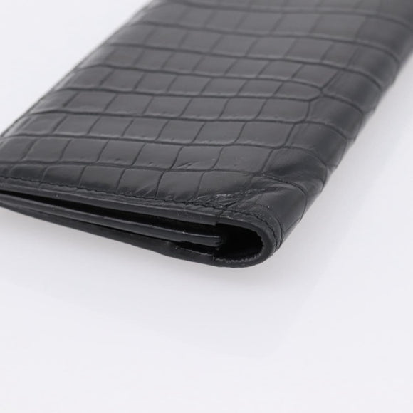 SAINT LAURENT Long Wallet Croco Embossed Black Gold Auth 205099A