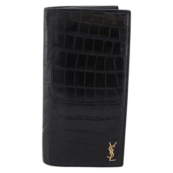 SAINT LAURENT Long Wallet Croco Embossed Black Gold Auth 205099A