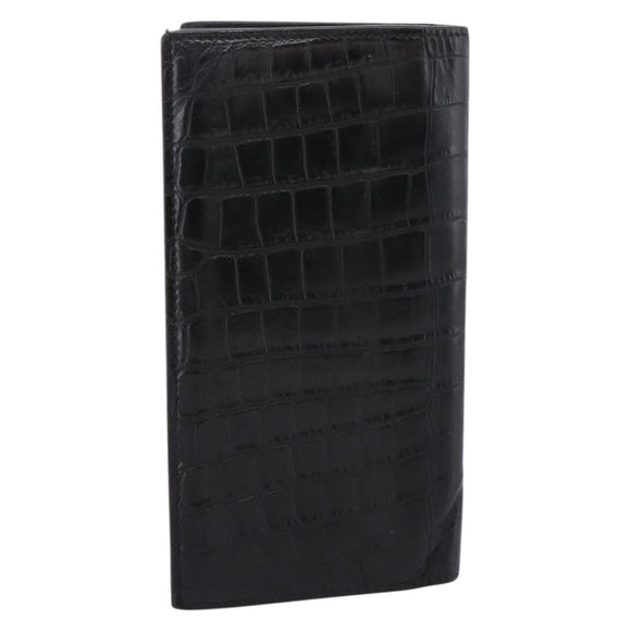 SAINT LAURENT Long Wallet Croco Embossed Black Gold Auth 205099A