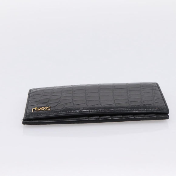 SAINT LAURENT Long Wallet Croco Embossed Black Gold Auth 205099A