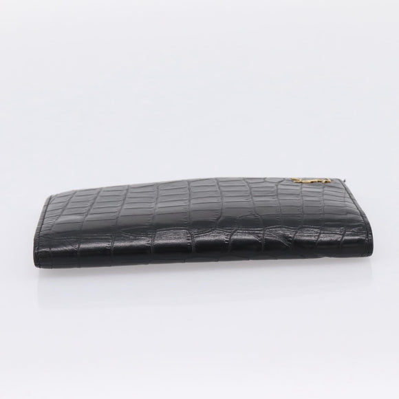 SAINT LAURENT Long Wallet Croco Embossed Black Gold Auth 205099A