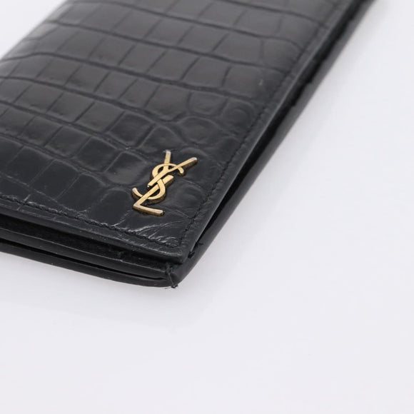 SAINT LAURENT Long Wallet Croco Embossed Black Gold Auth 205099A