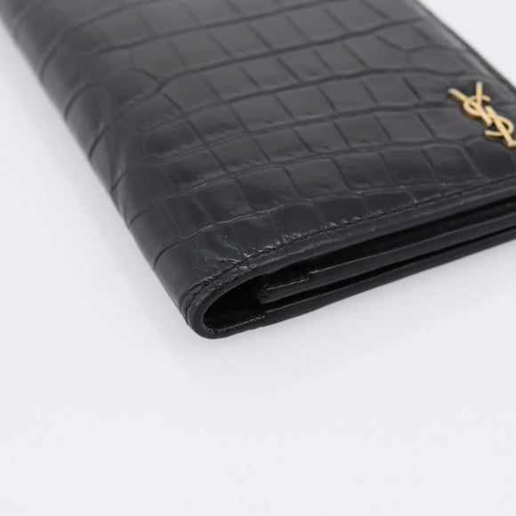 SAINT LAURENT Long Wallet Croco Embossed Black Gold Auth 205099A