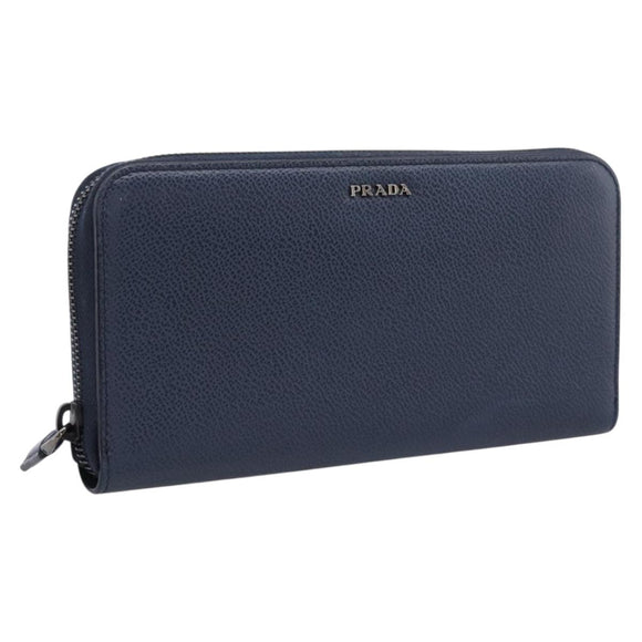 PRADA Long Wallet Leather Navy Silver Auth 205101V