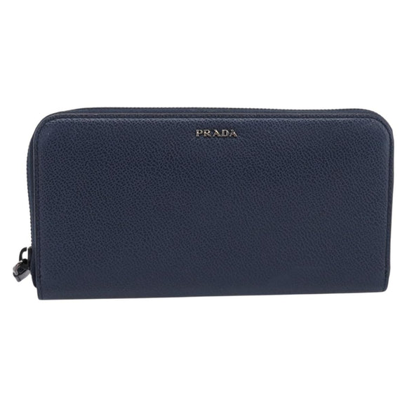 PRADA Long Wallet Leather Navy Silver Auth 205101V