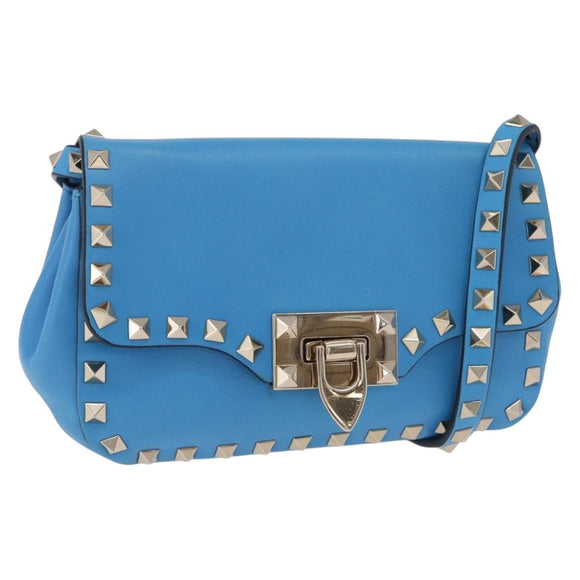 VALENTINO Studs Shoulder Bag Leather Blue Gold Auth 205104V