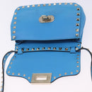 VALENTINO Studs Shoulder Bag Leather Blue Gold Auth 205104V-10
