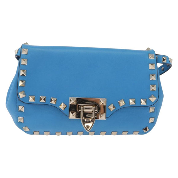 VALENTINO Studs Shoulder Bag Leather Blue Gold Auth 205104V