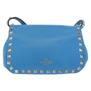 VALENTINO Studs Shoulder Bag Leather Blue Gold Auth 205104V-2