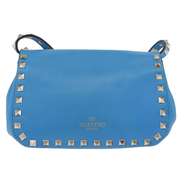 VALENTINO Studs Shoulder Bag Leather Blue Gold Auth 205104V