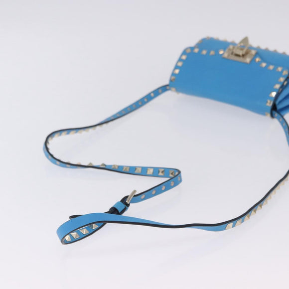 VALENTINO Studs Shoulder Bag Leather Blue Gold Auth 205104V