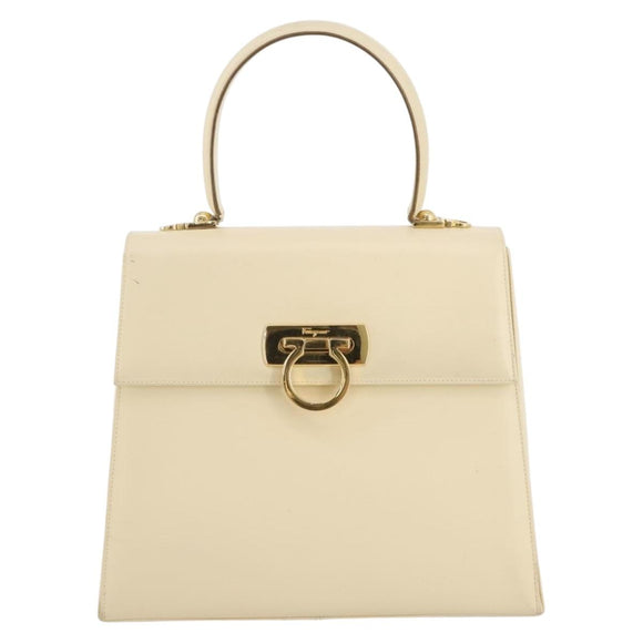 Salvatore Ferragamo Gancini Hand Bag Leather White Gold Auth 205161
