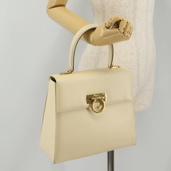 Salvatore Ferragamo Gancini Hand Bag Leather White Gold Auth 205161