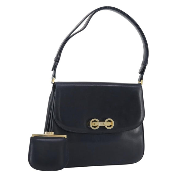 GUCCI Shoulder Bag Leather Navy Gold Auth 205163