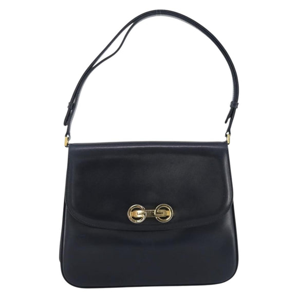 GUCCI Shoulder Bag Leather Navy Gold Auth 205163