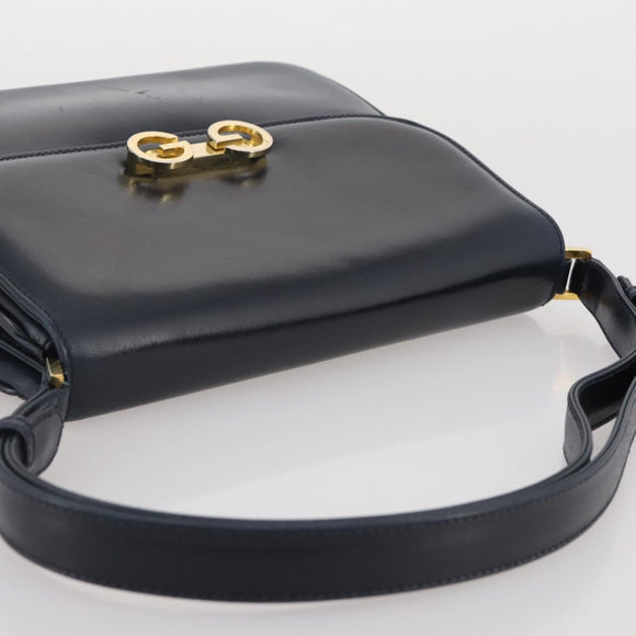 GUCCI Shoulder Bag Leather Navy Gold Auth 205163