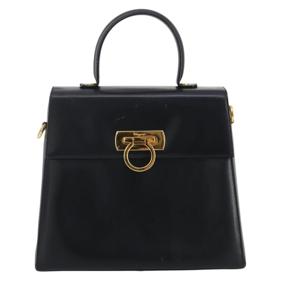 Salvatore Ferragamo Gancini Hand Bag Leather Navy Gold Auth 205167