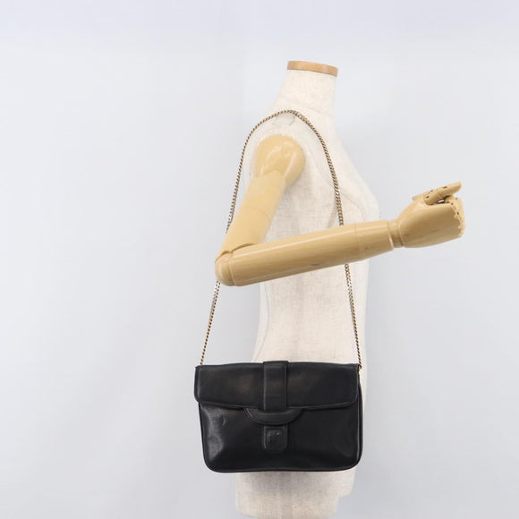 CELINE Chain Shoulder Bag Leather Black Gold Auth 205176