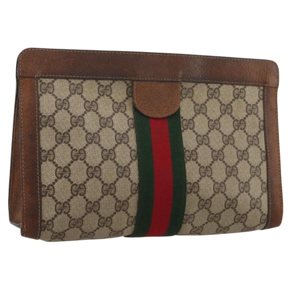 GUCCI GG Supreme Web Sherry Line Clutch Bag PVC Beige Auth 205187