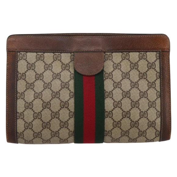 GUCCI GG Supreme Web Sherry Line Clutch Bag PVC Beige Auth 205187