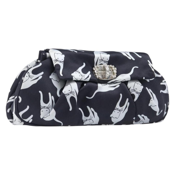 Miu Miu Cat Pattern Clutch Bag Satin Black Silver Auth 205189V