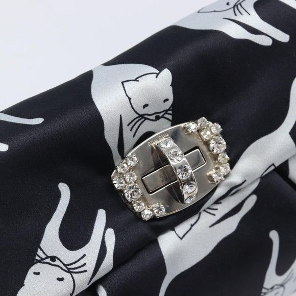 Miu Miu Cat Pattern Clutch Bag Satin Black Silver Auth 205189V