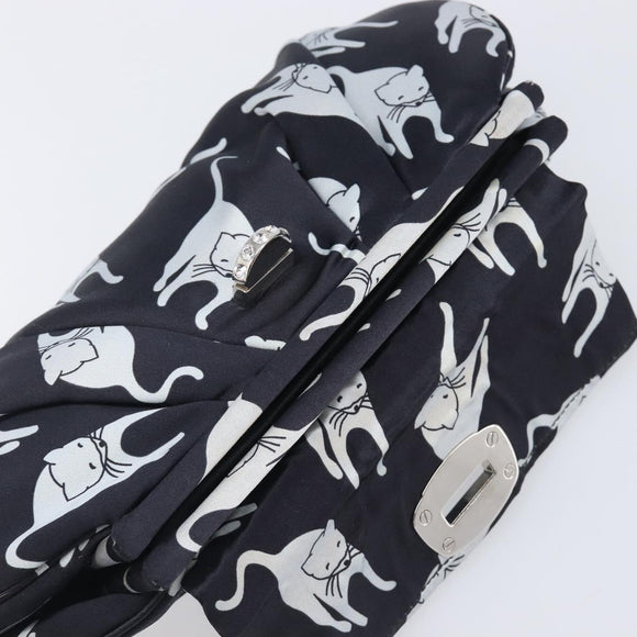 Miu Miu Cat Pattern Clutch Bag Satin Black Silver Auth 205189V