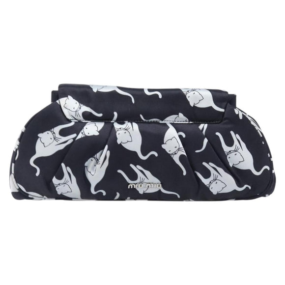 Miu Miu Cat Pattern Clutch Bag Satin Black Silver Auth 205189V