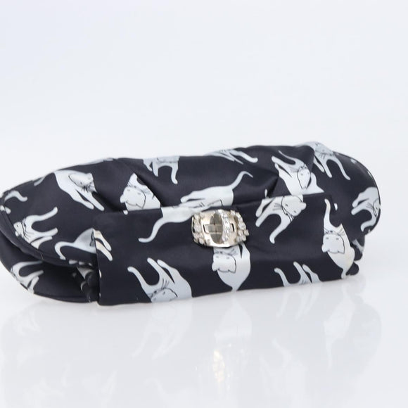 Miu Miu Cat Pattern Clutch Bag Satin Black Silver Auth 205189V