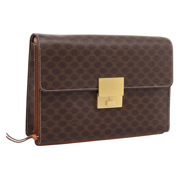 CELINE Macadam Canvas Clutch Bag PVC Leather Brown Gold Auth 205199