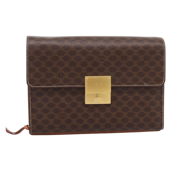 CELINE Macadam Canvas Clutch Bag PVC Leather Brown Gold Auth 205199