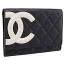 CHANEL Cambon Line Matelasse Wallet Leather Black Silver CC Auth 205206A-1