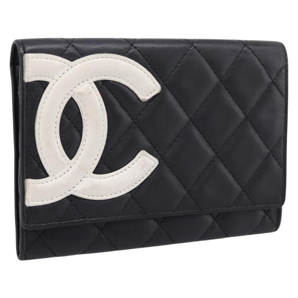 CHANEL Cambon Line Matelasse Wallet Leather Black Silver CC Auth 205206A