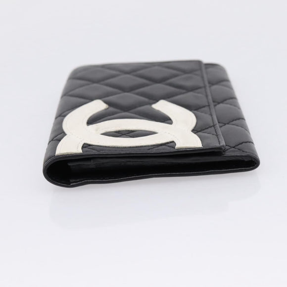CHANEL Cambon Line Matelasse Wallet Leather Black Silver CC Auth 205206A