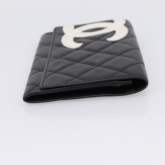 CHANEL Cambon Line Matelasse Wallet Leather Black Silver CC Auth 205206A