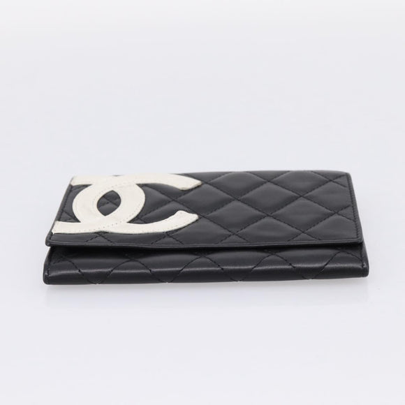 CHANEL Cambon Line Matelasse Wallet Leather Black Silver CC Auth 205206A