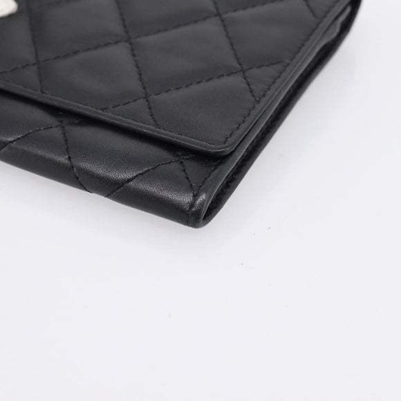 CHANEL Cambon Line Matelasse Wallet Leather Black Silver CC Auth 205206A