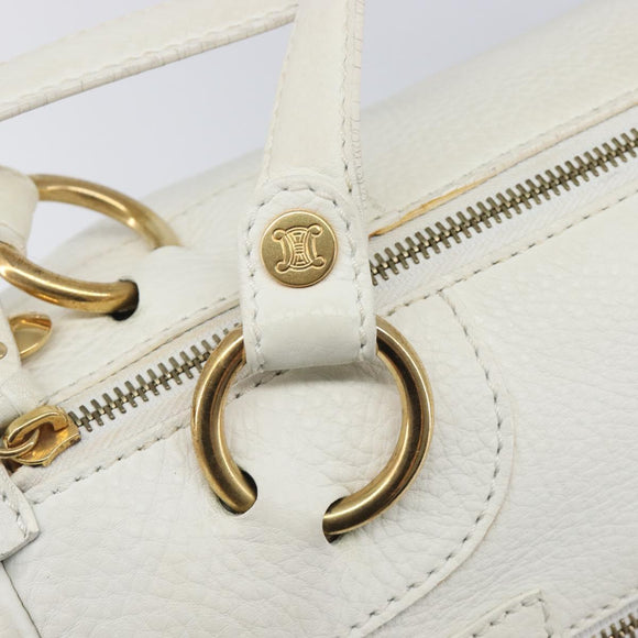 CELINE Hand Bag Leather White Gold Auth 205212A