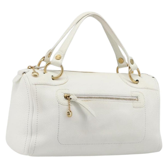 CELINE Hand Bag Leather White Gold Auth 205212A