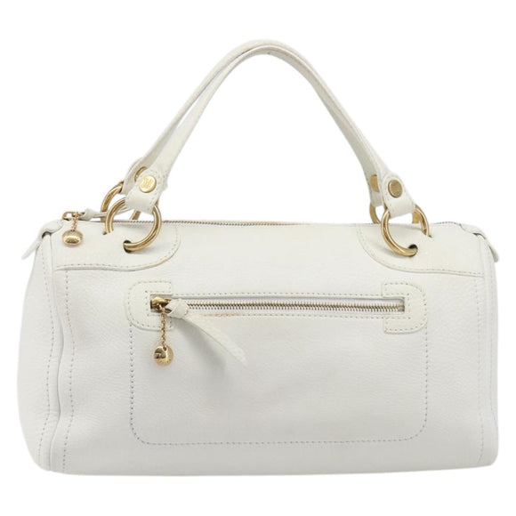 CELINE Hand Bag Leather White Gold Auth 205212A