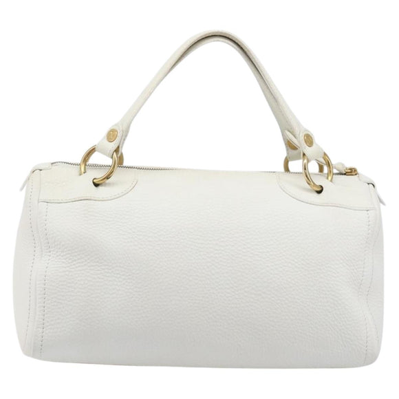 CELINE Hand Bag Leather White Gold Auth 205212A