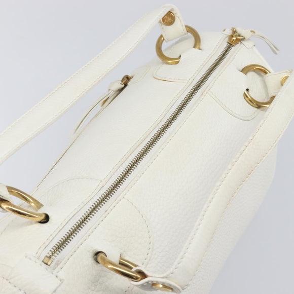 CELINE Hand Bag Leather White Gold Auth 205212A