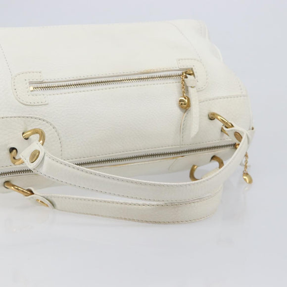 CELINE Hand Bag Leather White Gold Auth 205212A