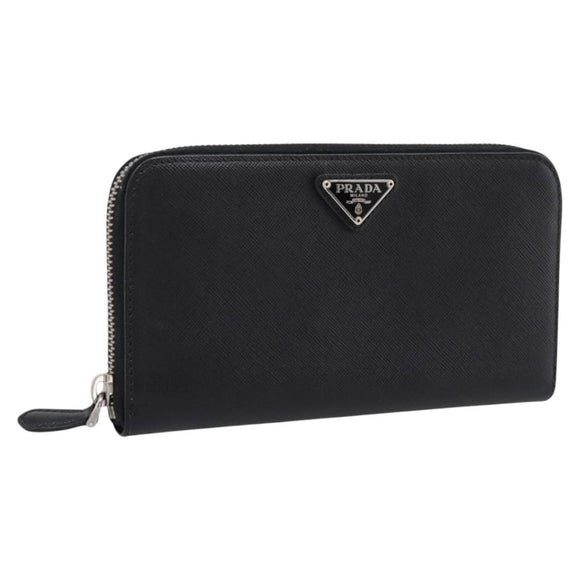 PRADA Long Wallet Saffiano leather Black Silver Auth 205215V