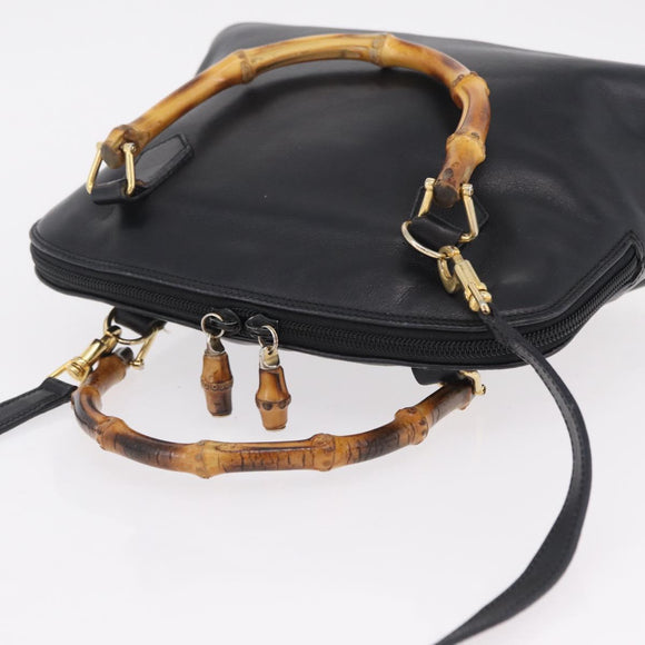 GUCCI Bamboo Hand Bag Leather 2way Black Gold 000 904 0290 Auth 205223